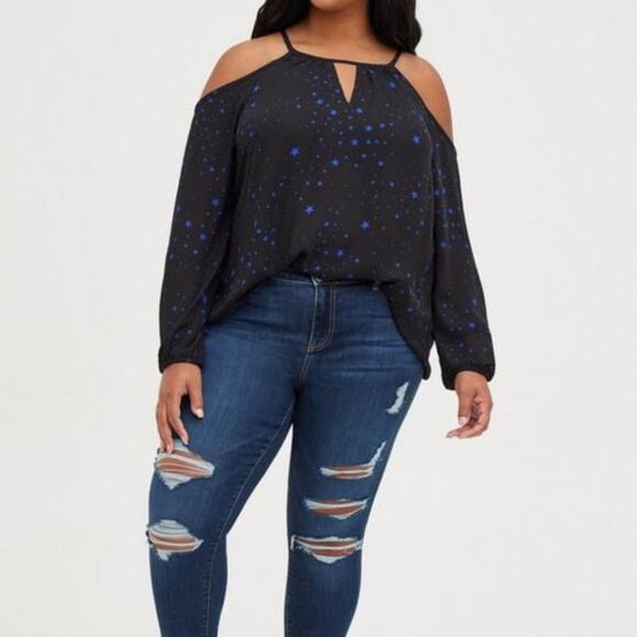 TORRID Black with Blue Stars Cold Shoulder Blouse Sz 3 - Picture 2 of 10